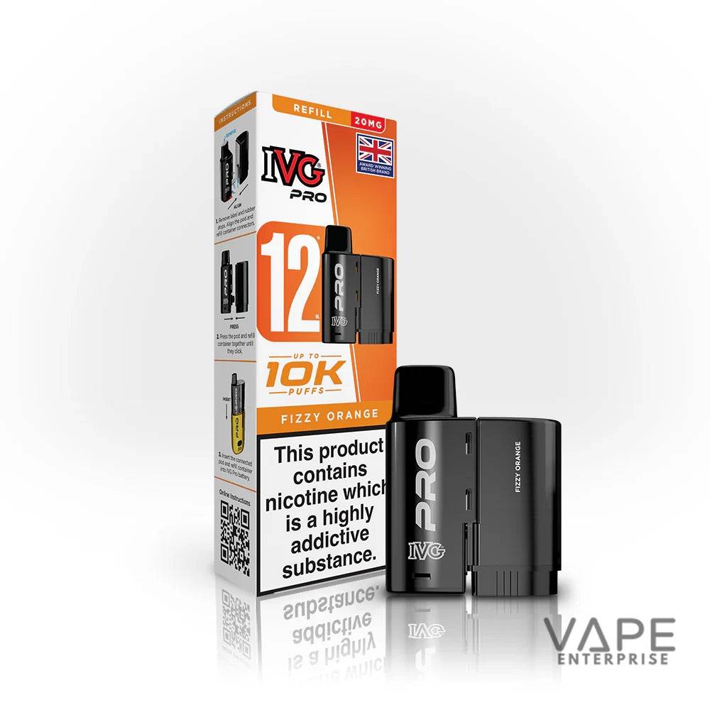 IVG Pro 12 disposable vape device and box in Fizzy Orange flavor with nicotine warning and UK flag