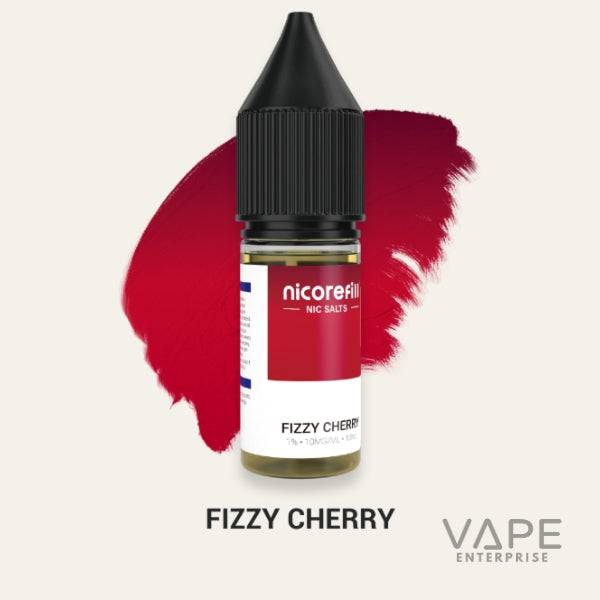 Nicorefill Fizzy Cherry nicotine salt vape juice bottle with red cherry color splash background