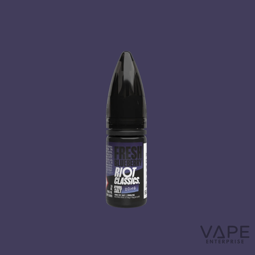 Vape juice bottle with 'Riot Classics' branding on a purple background