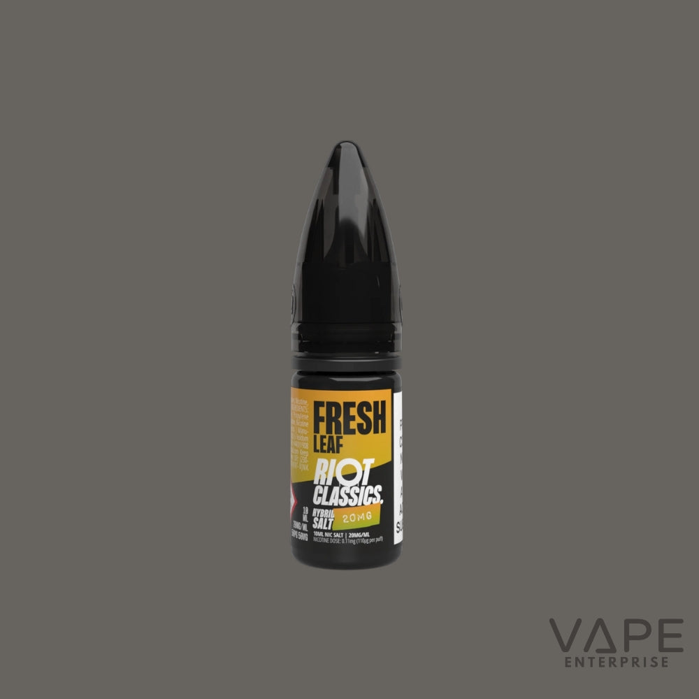 Vape juice bottle with 'Fresh Leaf Riot Classics' label on a gray background