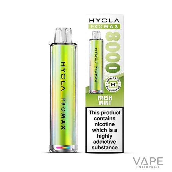 Hyola ProMax 8000 disposable vape with fresh mint flavor and nicotine warning label