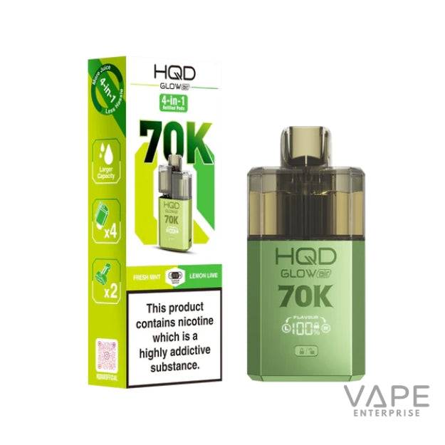 HQD Glow Air 70K disposable vape device and packaging in fresh mint lemon lime flavor with nicotine warning