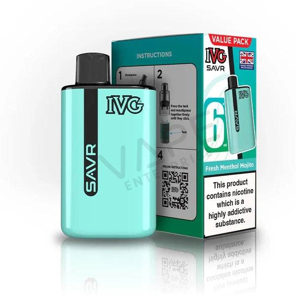 IVG SAVR Fresh Menthol Mojito 6ml vape pod and packaging with nicotine warning label