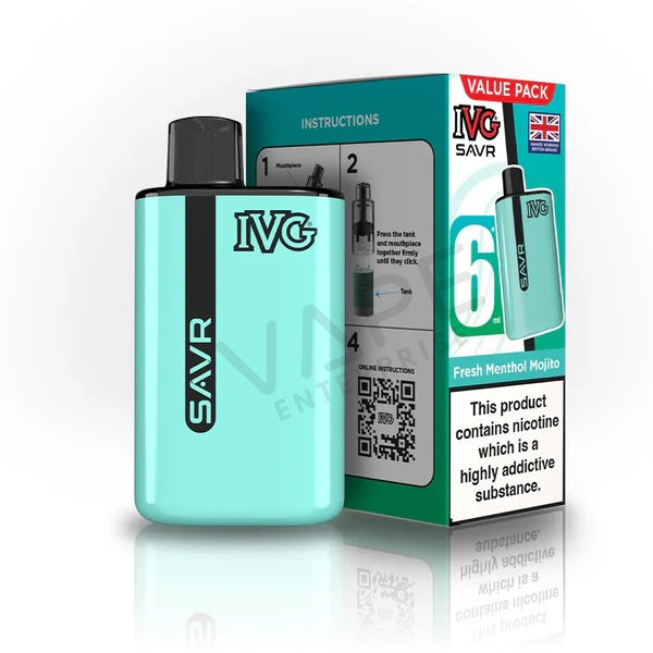 IVG SAVR Fresh Menthol Mojito 6ml vape pod and packaging with nicotine warning label