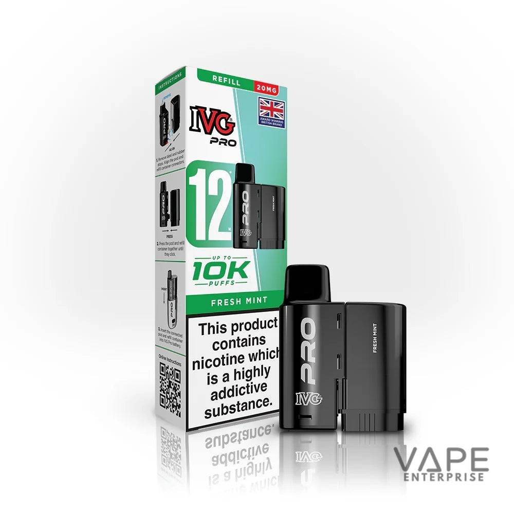 IVG Pro Fresh Mint vape pod with 12ml refill, 20mg nicotine, up to 10,000 puffs, black design