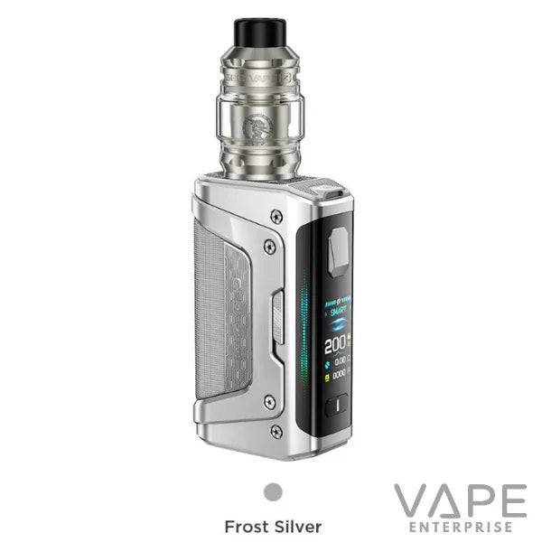 Frost silver vape mod with digital screen displaying 200W power and sleek metallic design