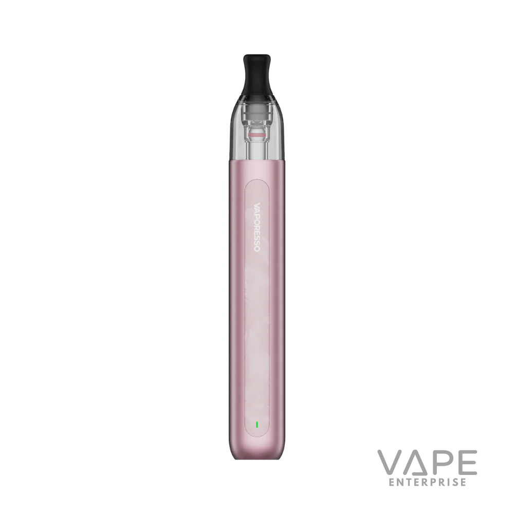 Sleek frost pink Vaporesso vape pen with transparent mouthpiece and vape enterprise logo