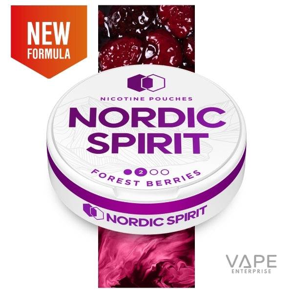 Nordic Spirit Forest Berries nicotine pouches tin with new formula label and close-up of frosted red berries