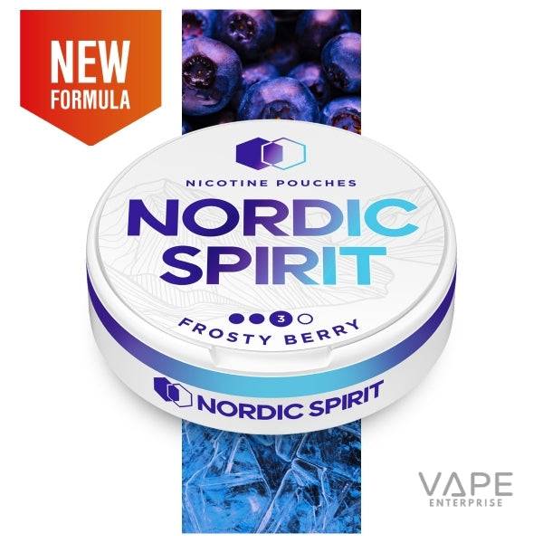 Nordic Spirit Frosty Berry nicotine pouches container with blueberries and ice background, new formula