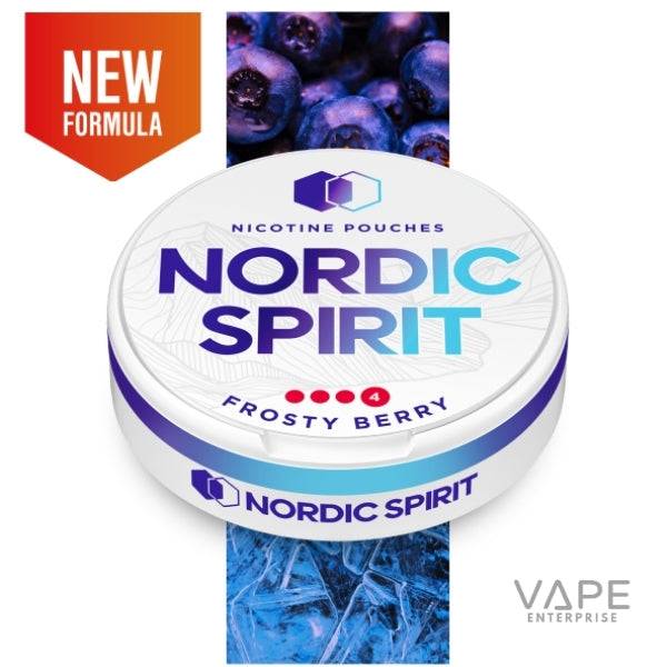 Nordic Spirit Frosty Berry nicotine pouches container with blueberries and ice background, new formula label