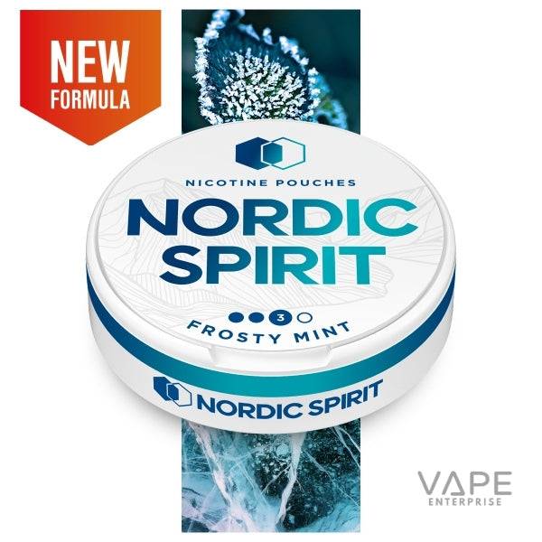 Nordic Spirit Frosty Mint nicotine pouches with new formula label and icy mint leaf background