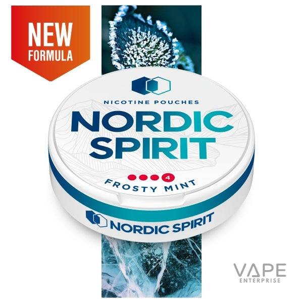 Nordic Spirit Frosty Mint nicotine pouches container with new formula badge and icy mint leaf background