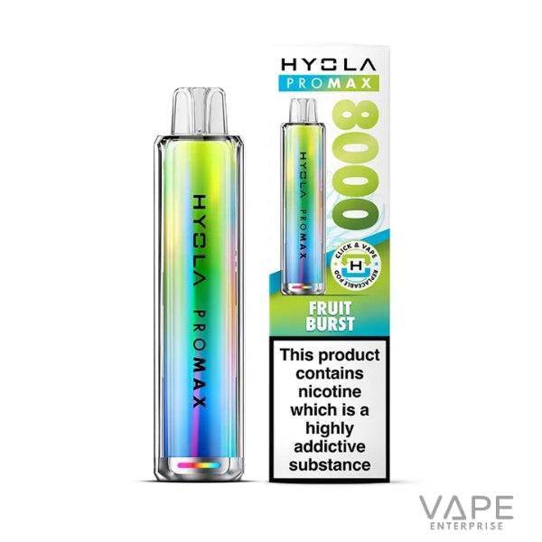 Hyola ProMax 8000 disposable vape device and Fruit Burst flavor box with nicotine warning