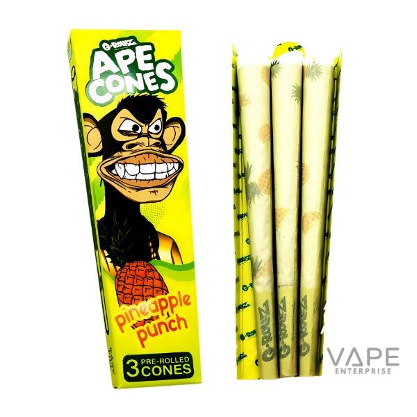G-Rollz Ape Cones Pineapple Punch pack with 3 pre-rolled cones featuring a cartoon ape on yellow box