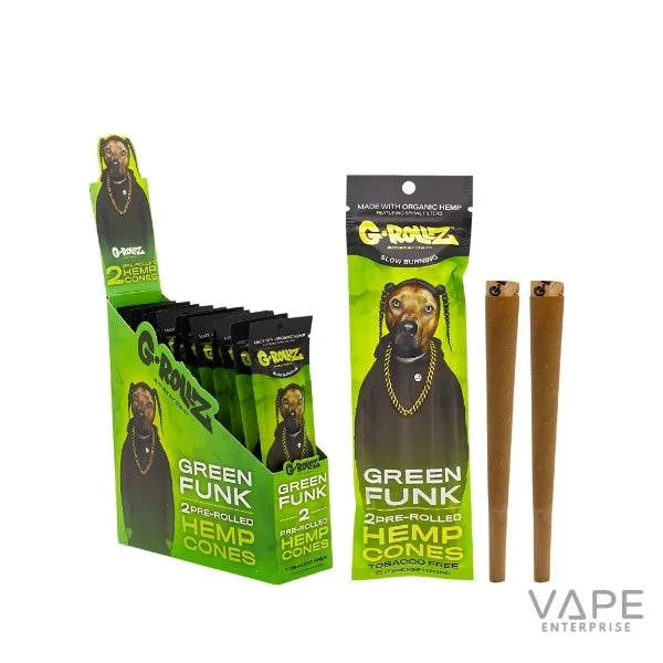 G-Rollz Green Funk pre-rolled hemp cones pack with dog wearing gold chain on green packaging, tobacco-free