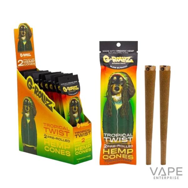 G-Rollz Tropical Twist 2 pre-rolled organic hemp cones pack with dog illustration and colorful packaging