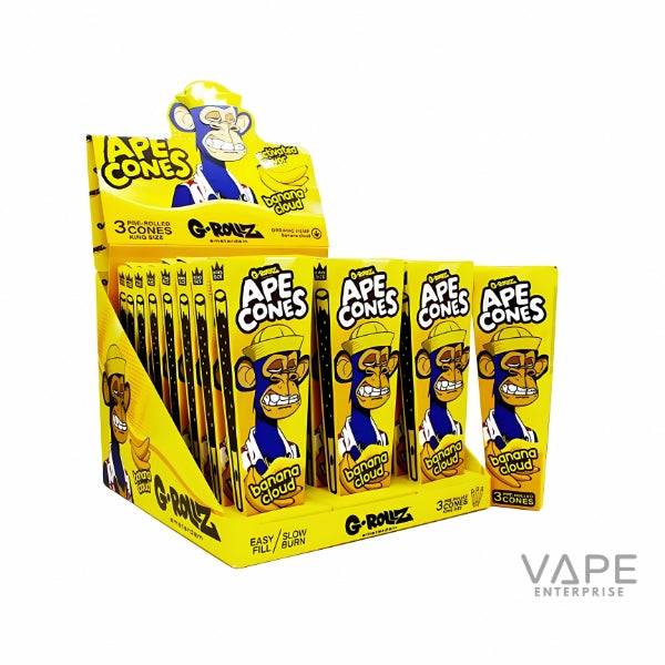 Box of G-Rollz Ape Cones banana cloud pre-rolled smoking cones with cartoon ape on yellow packaging