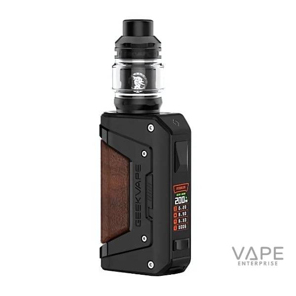 Geekvape L200 Aegis Legend 2 200W vape mod with black body and brown grip, digital display, and clear tank