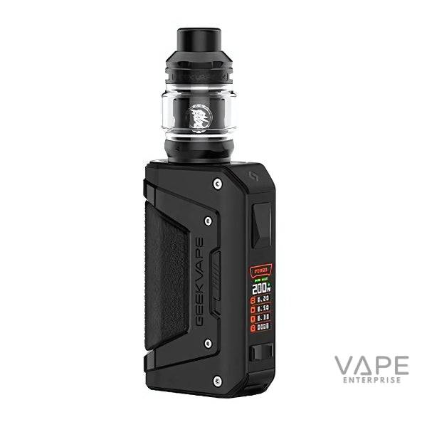Black GeekVape L200 Aegis Legend 2 vape mod with digital display and tank on white background