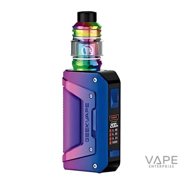 GeekVape L200 Aegis Legend 2 vape mod in rainbow purple with OLED screen showing 200W power