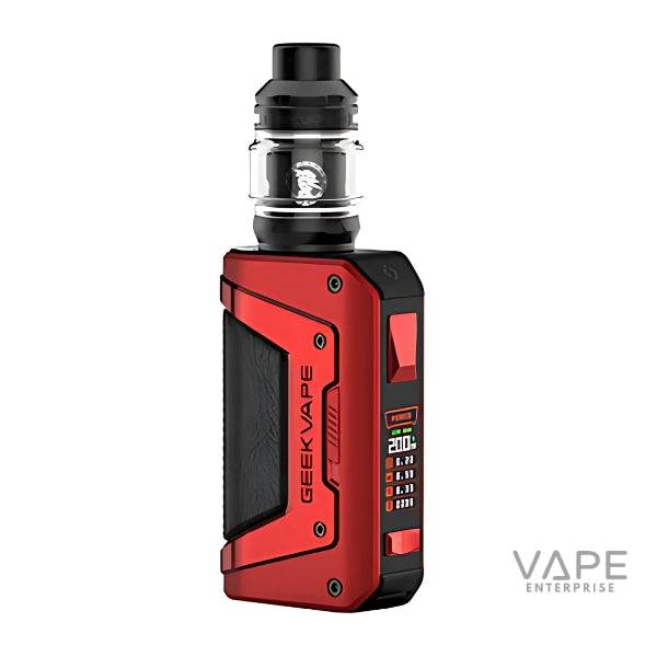 Red Geekvape Aegis Legend 2 200W vape mod with black leather grip and clear tank