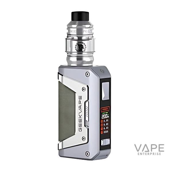 Geekvape L200 Aegis Legend 2 200W silver vape mod with digital display and tank