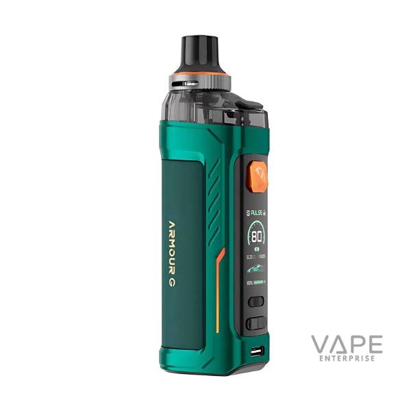 Green Vaporesso Armour G vape kit with digital display and orange fire button on white background