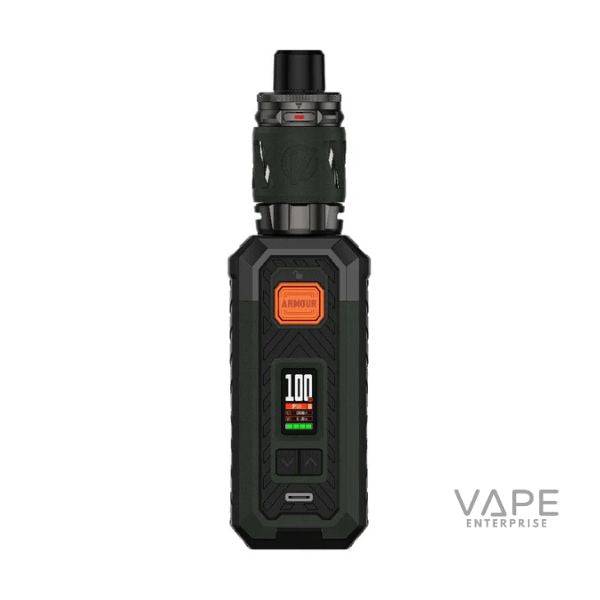 Vaporesso Armour S vape device with black and green body and digital display showing 100W power