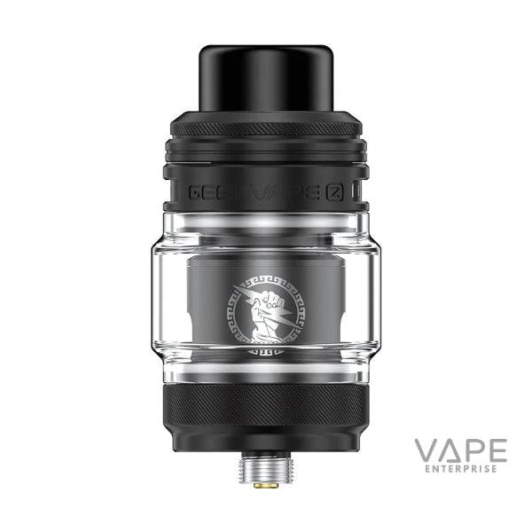 Black GeekVape Z-Fli Sub Ohm vape tank with transparent glass and logo on white background