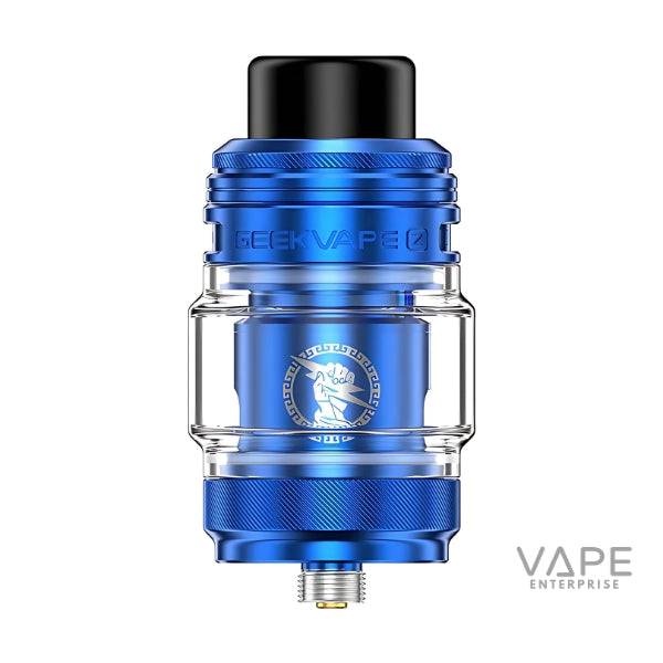 Blue GeekVape Z Fli sub ohm vape tank with clear glass and black drip tip, isolated on white