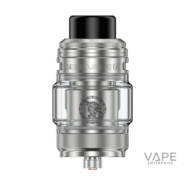 Geekvape Z Fli silver sub ohm vape tank with glass reservoir and black drip tip