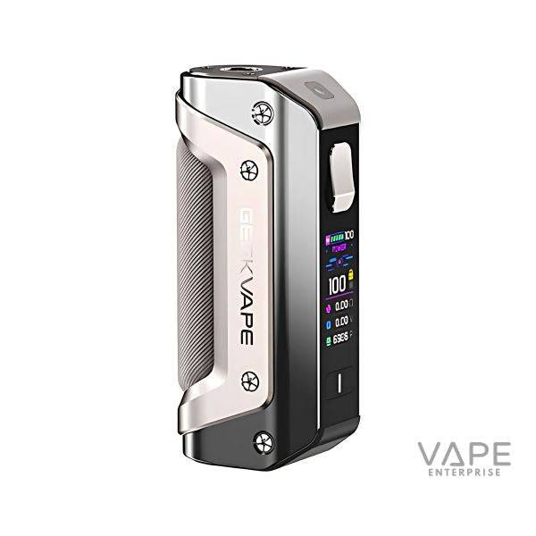GeekVape Aegis Solo 3 vape mod in dark gray with ergonomic grip and vibrant color display