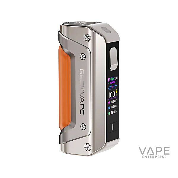 GeekVape Aegis Solo 3 vape mod with silver body, orange grip, and color digital display