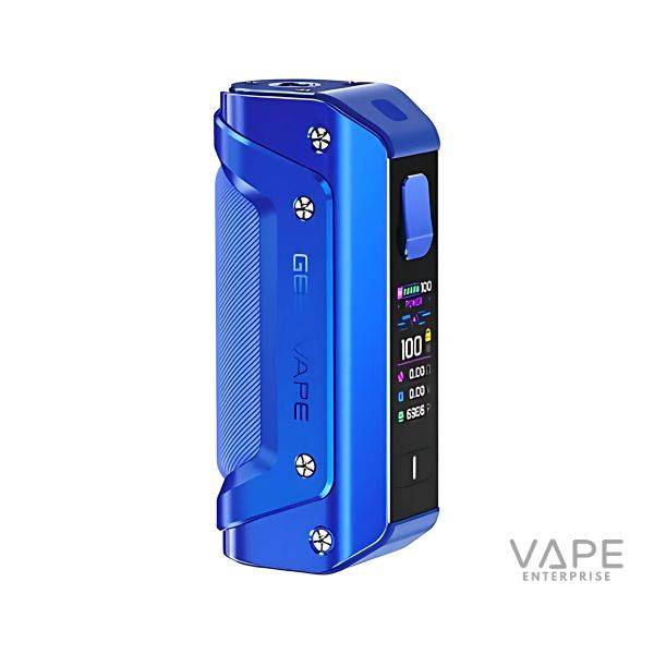 Blue Geekvape Aegis Solo 3 vape mod with textured grip and digital display