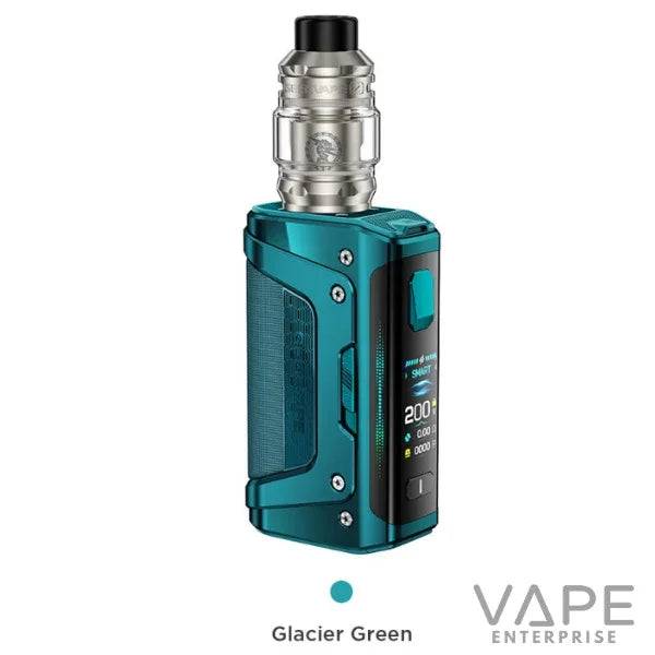 Glacier Green vaping device with metallic tank and digital display showing 200W
