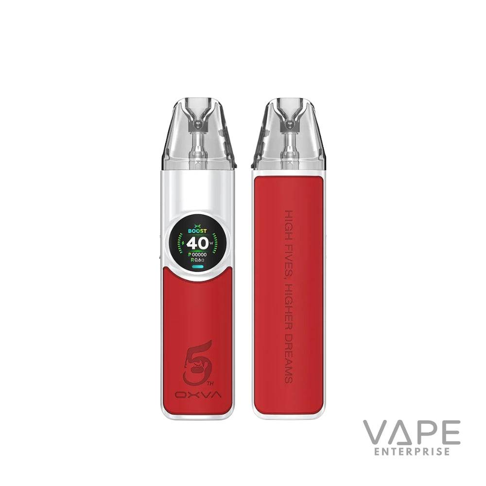 Red OXVA 5th vape device with digital display and clear pod, front and back views