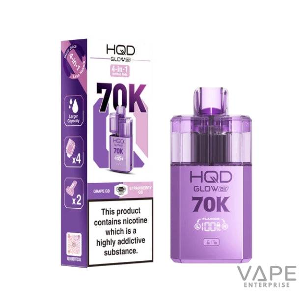 HQD Glow 70K purple disposable vape with packaging highlighting 4-in-1 refilled pods, grape and strawberry flavors, nicotine warning