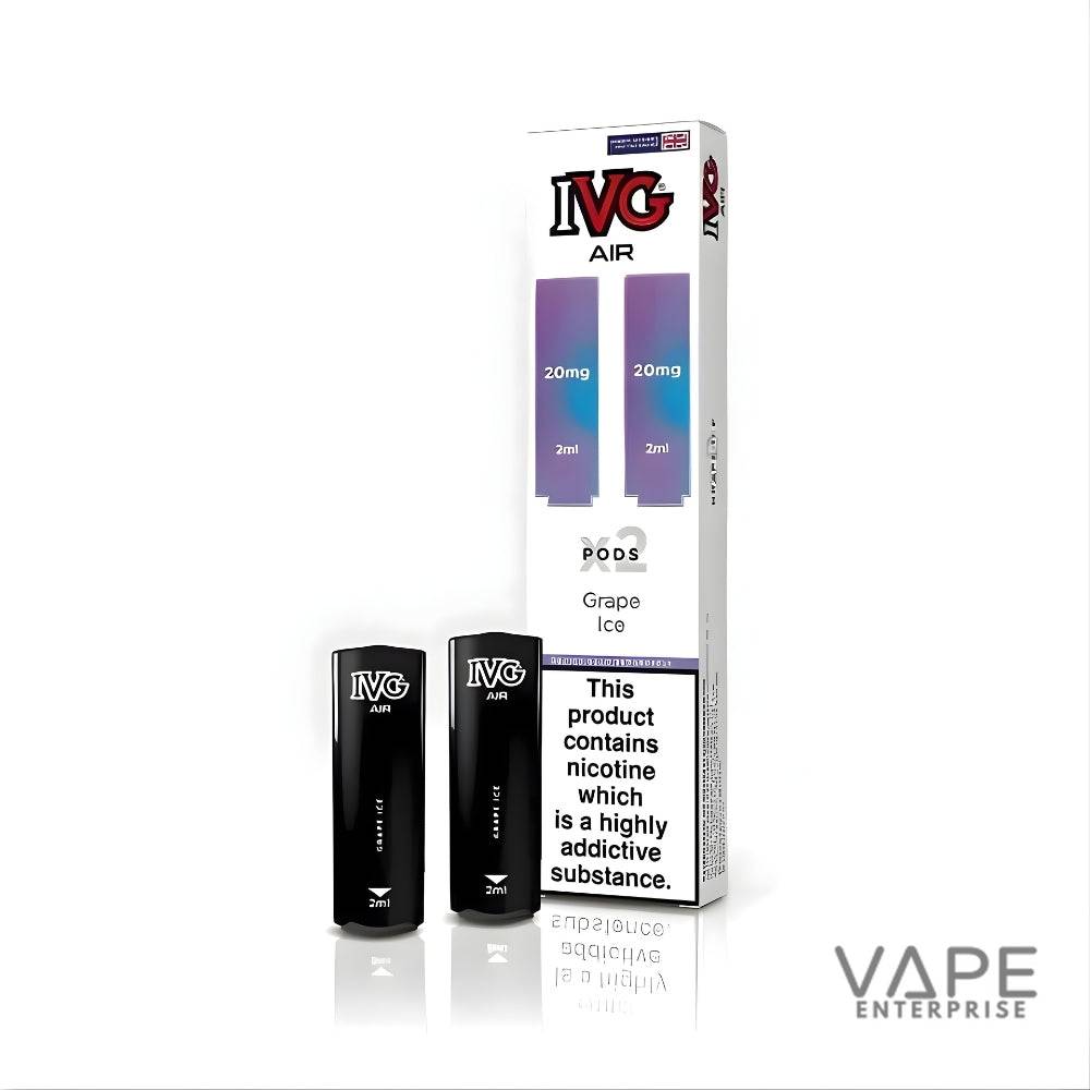 IVG Air Grape Ice vape pods with 20mg nicotine, 2ml each, next to packaging with warning label