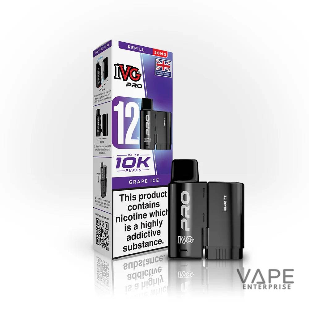 IVG Pro Grape Ice vape pod and purple refill box with nicotine warning and up to 10K puffs