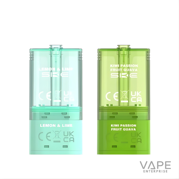 Two translucent vape pods in green and turquoise with Lemon & Lime and Kiwi Passion Fruit Guava flavors