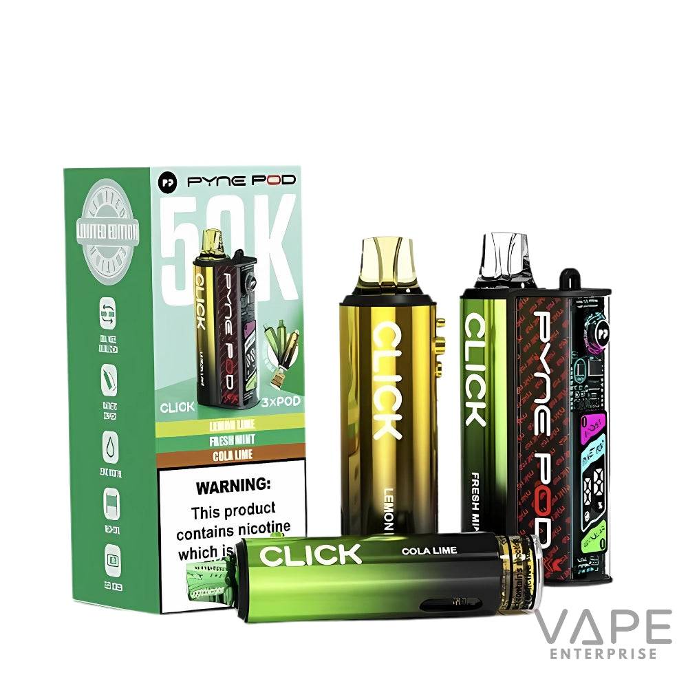 Pyne Pod 50K disposable vape devices with Click Lemon, Fresh Mint, and Cola Lime flavors and green edition packaging