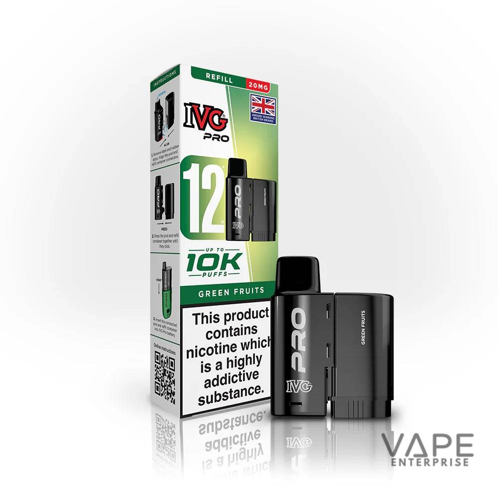 IVG Pro Green Fruits vape pod with 12ml refill, 20mg nicotine, 10K puffs packaging