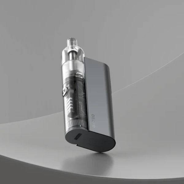 modern grey Aspire vaping device with transparent tank on smooth grey surface