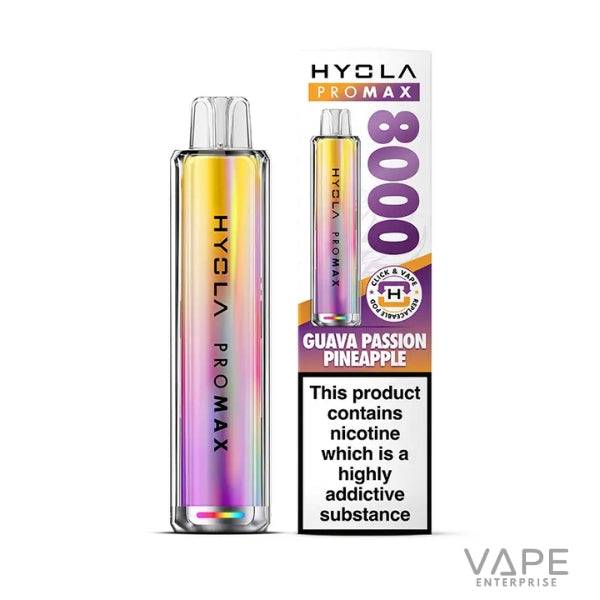 Hyola Pro Max 8000 disposable vape in guava passion pineapple flavor with nicotine warning label