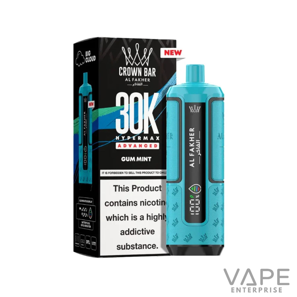 Crown Bar Al Fakher 30K Hypermax Advanced Gum Mint disposable vape in blue with nicotine warning