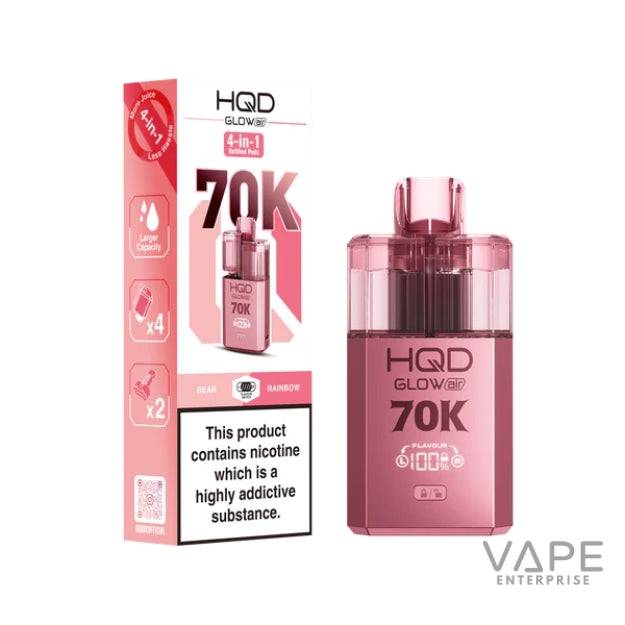 Pink HQD Glow Air 70K 4-in-1 refillable vape pod with Bear Rainbow flavor and nicotine warning