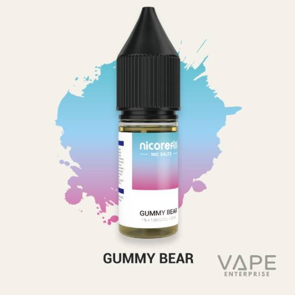 Nicorefill Gummy Bear nicotine salt vape juice bottle with colorful background splash