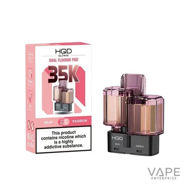 HQD Glow 35K dual flavour vape pods Bear and Rainbow with nicotine warning on packaging