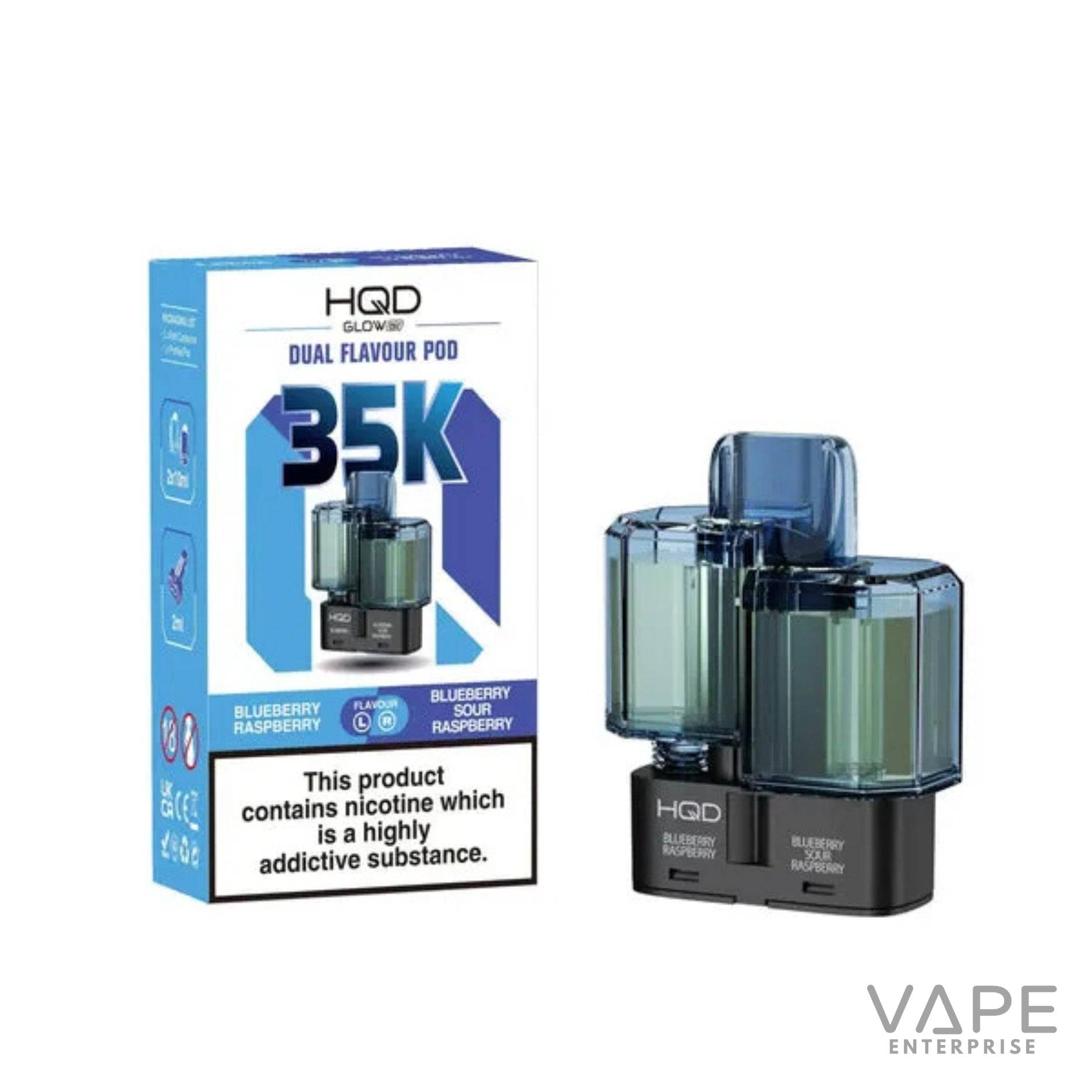 HQD Glow 35K dual flavour refill pods in Blueberry Raspberry and Blueberry Sour Raspberry with nicotine warning