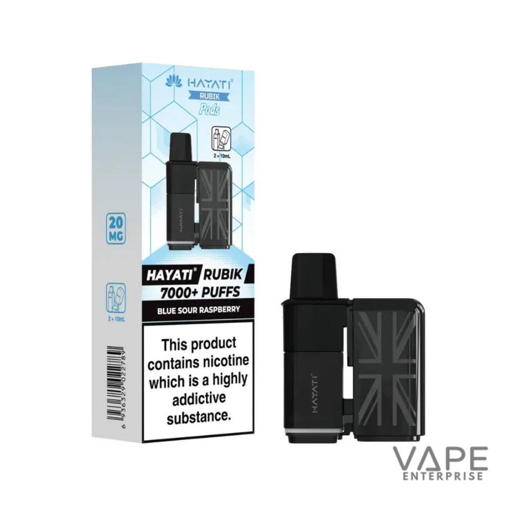 Hayati Rubik Blue Sour Raspberry vape pods with 7000+ puffs, 20mg nicotine, and addictive warning